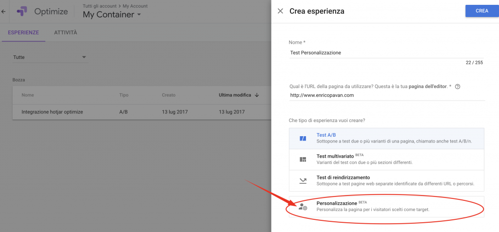 Google Optimize Personalization Start