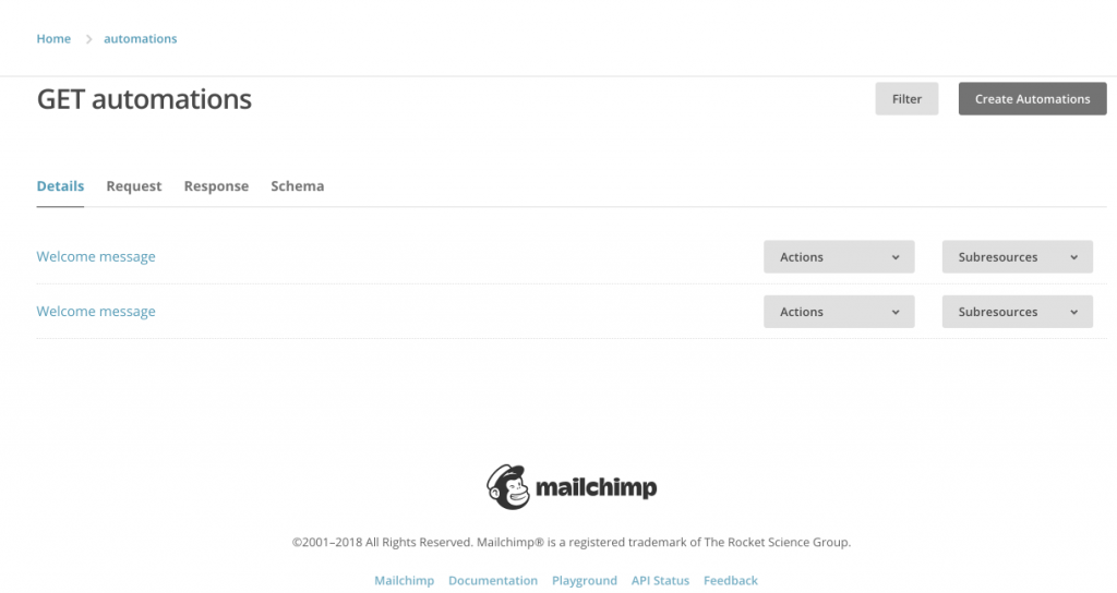 MailChimp API Playground Automations home