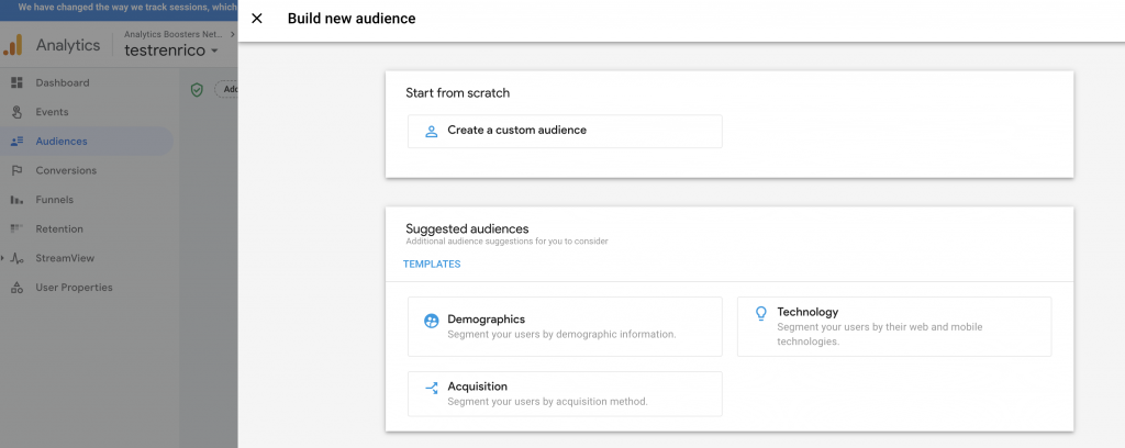 Google Analytics App and Web property new audience template