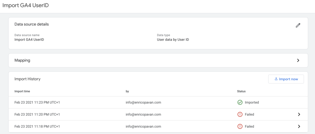 Data import GA4 status