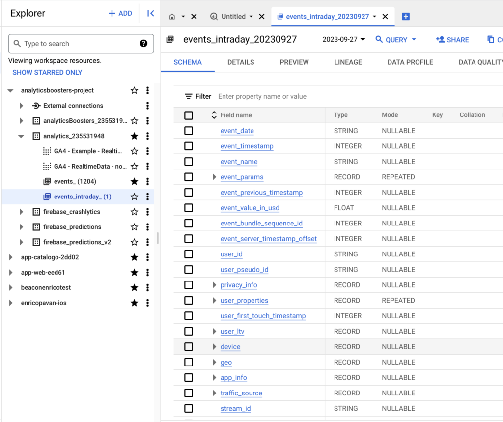 BigQuery Intraday Table